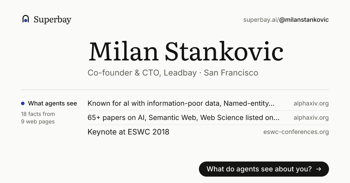 Milan Stankovic's profile on Superbay: Co-founder & CTO, Leadbay, San Francisco. 12 facts from 9 web pages, each with its source.